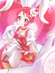 Rule 34 | 1girl, animal ears, cake, cake hair ornament, choker, clear glass (mildmild1311), cure whip, dress, earrings, extra ears, food, food-themed hair ornament, food-themed ornament, gloves, hair ornament, highres, jewelry, kirakira precure a la mode, long hair, looking at viewer, magical girl, pink choker, pink corset, pink eyes, pink footwear, pink hair, pom pom (clothes), pom pom earrings, pouch, precure, rabbit ears, smile, solo, strawberry shortcake, twintails, usami ichika, white gloves
