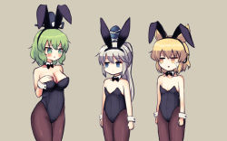 Rule 34 | 3girls, animal ears, bare arms, bare shoulders, black bow, black hairband, black hat, black neckwear, blonde hair, blue eyes, blue hat, blush, bow, bowtie, breast envy, breasts, brown legwear, cleavage, collarbone, commentary request, cowboy shot, crying, detached collar, fake animal ears, flat chest, green eyes, green hair, grey background, hair between eyes, hairband, hand on own chest, hat, large breasts, leotard, long hair, looking at another, mononobe no futo, multiple girls, no nose, pantyhose, parted lips, playboy bunny, pointy hair, ponytail, puroshimin, rabbit ears, short hair, silver hair, simple background, soga no tojiko, standing, tate eboshi, tears, thighs, touhou, toyosatomimi no miko, wrist cuffs, yellow eyes
