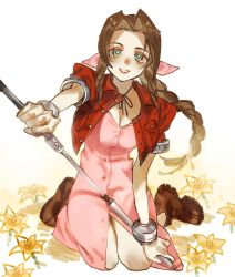 Rule 34 | 1girl, aerith gainsborough, boots, bracelet, braid, braided ponytail, breasts, choker, cleavage, commentary, cropped jacket, dress, final fantasy, final fantasy vii, flower, full body, green eyes, hair ribbon, highres, holding, holding weapon, jacket, jewelry, kneeling, long dress, medium breasts, parted bangs, pink dress, red jacket, ribbon, sidelocks, smile, solo, staff, talesofmea, unbuttoned dress, weapon, white background, yellow flower