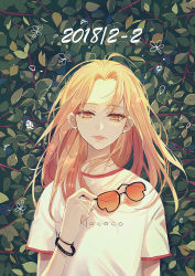 Rule 34 | 1girl, artist name, bad id, bad pixiv id, blonde hair, clothes writing, dated, earrings, unworn eyewear, hand up, highres, holding, holding removed eyewear, jewelry, leaf, lococo:p, looking at viewer, messy hair, orange-tinted eyewear, orange-tinted glasses, orange eyes, original, parted bangs, parted lips, short sleeves, solo, sunglasses, tinted eyewear, upper body, wristband