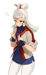 Rule 34 | 1girl, blush, brown eyes, closed mouth, hair ornament, jewelry, leggings, long hair, necklace, nintendo, pantyhose, paya (zelda), pointy ears, sasamori tomoe, simple background, solo, the legend of zelda, the legend of zelda: breath of the wild, white background, white hair, white pantyhose
