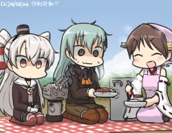 Rule 34 | 3girls, @ @, amatsukaze (kancolle), apron, aqua hair, ascot, bad food, blue sky, blush, brown dress, brown hair, brown legwear, commentary request, curry, curry rice, dated, day, detached sleeves, dress, empty eyes, food, gloves, hair ornament, hairclip, hamu koutarou, head scarf, headgear, hiei (kancolle), kantai collection, long hair, multiple girls, nontraditional miko, outdoors, picnic, pot, rensouhou-kun, ribbon-trimmed sleeves, ribbon trim, rice, sailor dress, short hair, sky, smile, sparkle, suzuya (kancolle), sweat, thighhighs, trembling, two side up, white gloves