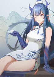 Rule 34 | 1girl, ;d, absurdres, alternate costume, arknights, bare shoulders, bead bracelet, beads, black hair, blue hair, blue skin, bracelet, breasts, china dress, chinese clothes, colored skin, crossed legs, csllin, cup, dragon girl, dragon horns, dragon tail, dress, earrings, gradient hair, gradient skin, highres, holding, holding cup, horns, jewelry, large breasts, ling (arknights), long hair, looking at viewer, mountain, multicolored hair, one eye closed, open mouth, parted lips, pelvic curtain, pointy ears, purple eyes, signature, sleeveless, sleeveless dress, smile, solo, tail, tassel, tassel earrings, thighs, very long hair, white dress
