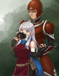 Rule 34 | 1boy, 1girl, absurdres, armor, bangle, bare shoulders, belt, black gloves, black pantyhose, blue scarf, bracelet, chloroform, cloth, covering another&#039;s mouth, dress, elbow gloves, expressionless, faceless, faceless male, fingerless gloves, fire emblem, fire emblem: radiant dawn, gag, gagged, gloves, grabbing, grabbing from behind, hair ribbon, half updo, hand gagged, hand over another&#039;s mouth, hand over another's mouth, hazuki (nyorosuke), helmet, highres, improvised gag, jewelry, long hair, micaiah (fire emblem), nintendo, outdoors, pantyhose, restrained, ribbon, scarf, side slit, silver hair, sleeveless, sleeveless dress, surprised, tape, tape gag, yellow eyes