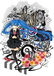 Rule 34 | blue eyes, blue hair, bug, butterfly, flower, formal, hatsune miku, insect, ks (xephyrks), long hair, necktie, saihate (vocaloid), skirt, solo, speaker, thighhighs, twintails, very long hair, vocaloid, zebra, zettai ryouiki