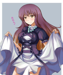 Rule 34 | 1girl, beads, black dress, blue background, blush, breasts, brown hair, clothes lift, dress, dress lift, gradient eyes, gradient hair, hijiri byakuren, large breasts, long hair, mono (mono60), multicolored eyes, multicolored hair, purple eyes, purple hair, smile, solo, touhou, translation request, very long hair, white dress, yellow eyes