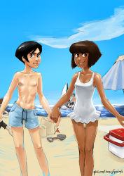 Rule 34 | 2girls, 2others, androgynous, artist name, bare shoulders, beach, beach towel, beach umbrella, black eyes, blue male swimwear, blue shorts, blue swim trunks, bob cut, breasts, brown hair, casual one-piece swimsuit, closed mouth, cloud, commentary, cooler, dark-skinned female, dark skin, drawstring, english commentary, exhibitionism, feet out of frame, flag, frilled one-piece swimsuit, frills, gunnerkrigg court, highres, holding hands, imaajfpstnfo, katerina donlan, long hair, looking at viewer, male swimwear, male swimwear challenge, multiple girls, multiple others, ocean, one-piece swimsuit, parasailing, parted lips, paz cadena-blanco, public indecency, sand, sand castle, sand sculpture, short hair, shorts, sky, small breasts, smile, swim trunks, swimsuit, swimsuit skirt, thigh gap, tomboy, topless, towel, trowel, umbrella, very short hair, watermark, web address, white one-piece swimsuit