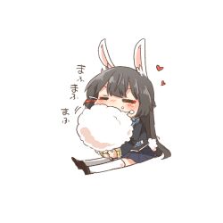 1girl =_= animal_ear_fluff animal_ears black_footwear black_hair black_jacket blazer blue_skirt blush blush_stickers chibi closed_eyes cotton_candy eating food full_body hair_ornament hairclip heart holding holding_food jacket kemonomimi_mode long_hair nijisanji nose_blush pleated_skirt rabbit_ears rabbit_girl rabbit_tail rebecca_(keinelove) shoes simple_background sitting skirt solo tail thighhighs translation_request tsukino_mito tsukino_mito_(1st_costume) v-shaped_eyebrows very_long_hair virtual_youtuber white_background white_thighhighs