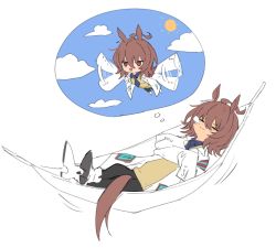 Rule 34 | 1girl, :d, agnes tachyon (umamusume), animal ears, black pantyhose, blue necktie, closed mouth, crossed legs, dreaming, flying, hammock, horse ears, horse girl, horse tail, lab coat, long sleeves, lying, necktie, on back, open mouth, pantyhose, red eyes, short necktie, simple background, sleeping, sleeves past fingers, sleeves past wrists, smile, solo, sun, tail, ulrich (tagaragakuin), umamusume, white background