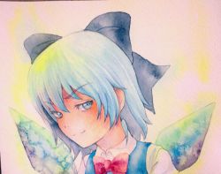 Rule 34 | 1girl, blue eyes, blue hair, bow, cirno, hair bow, ice, ice wings, matching hair/eyes, painting (medium), smirk, solo, touhou, traditional media, watercolor (medium), wings, yuyu (00365676)