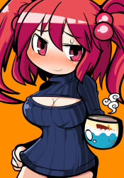 Rule 34 | 1girl, blush, bottomless, breasts, cleavage, coffee mug, hand on own hip, kunitori, large breasts, looking at viewer, meme attire, mug, nervous smile, nose blush, onozuka komachi, open-chest sweater, red eyes, red hair, ribbed sweater, short hair, smile, solo, steam, sweater, touhou, turtleneck, two side up
