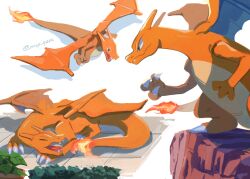 Rule 34 | charizard, claws, commentary request, creatures (company), fang, fang out, fire, flame-tipped tail, game freak, gen 1 pokemon, green eyes, highres, horns, looking down, lying, mo~zu, multiple views, nintendo, no humans, pokemon, pokemon (creature), twitter username