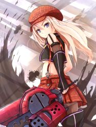 Rule 34 | 10s, 1girl, alisa ilinichina amiella, ass, bare shoulders, black gloves, black pantyhose, blonde hair, blue eyes, blush, boots, breasts, brown thighhighs, cabbie hat, dress, fingerless gloves, gloves, god eater, god eater burst, hat, long hair, looking back, midriff, navel, pantyhose, serious, skirt, solo, sukesan, suspender skirt, suspenders, sword, thigh boots, thighhighs, underboob, weapon
