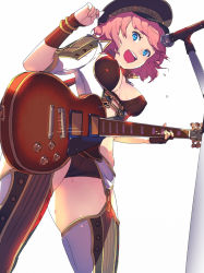 Rule 34 | 1girl, :d, black headwear, blue eyes, bra, bracelet, breasts, brown bra, brown panties, electric guitar, enkyo yuuichirou, covered erect nipples, flying sweatdrops, from below, garter belt, guitar, hand up, hat, highres, hisho collection, holding, holding instrument, instrument, jewelry, gibson les paul, looking at viewer, looking down, medium breasts, microphone, microphone stand, music, open mouth, panties, pink hair, playing instrument, short hair, simple background, smile, standing, thighhighs, underwear, white background, wristband