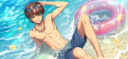 Rule 34 | 1boy, arm support, arm up, armpits, artist request, blue-framed eyewear, blue-tinted eyewear, blue male swimwear, blue shirt, brown hair, code geass, code geass: lost stories, collarbone, drawstring, eyewear on head, flower, game cg, green eyes, grin, half-closed eyes, hand on own head, happy, highres, innertube, knees up, kururugi suzaku, leaning back, lens flare, light rays, looking at viewer, male focus, male swimwear, multiple necklaces, navel, non-web source, official art, partially submerged, pectorals, shirt, short hair, sidelocks, sitting, smile, solo, sparkle, stomach, striped clothes, striped shirt, sunglasses, sunlight, swim ring, swim trunks, teeth, tinted eyewear, toned, topless male, unworn shirt, wet, yellow flower