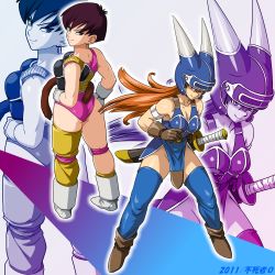 Rule 34 | armlet, armor, ass, belt, black hair, blue armor, boots, breasts, brown gloves, cleavage, closed mouth, crossover, daisy (dq), dragon ball, dragon quest, dragon quest yuusha abel densetsu, dragonball z, earrings, fake horns, fushisha o, gloves, groin, helmet, horned helmet, horns, jewelry, long hair, looking at viewer, monkey tail, multiple girls, seripa, short hair, single thighhigh, smile, square enix, sword, tail, thighhighs, voice actor connection, weapon