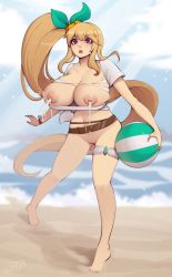 Rule 34 | 1girl, ball, beach, beachball, belt, blonde hair, blush, bottomless, breasts, breasts out, cleavage, cleft of venus, collarbone, curvy, dragalia lost, elisanne, groin, hair ribbon, highres, huge breasts, lactation, long hair, luxu, motion lines, navel, nipples, ocean, open mouth, projectile lactation, puffy areolae, puffy nipples, purple eyes, ribbon, sand, side ponytail, sidelocks, signature, skindentation, sky, solo, standing, surprised, thigh strap, thighs, very long hair, wardrobe malfunction, waves