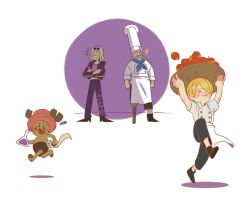 Rule 34 | &gt; &lt;, 1girl, 3boys, antlers, apple, bad id, bad twitter id, bandages, basket, black footwear, blonde hair, blue scarf, chef, chef hat, commentary, curly eyebrows, dr. kureha, english commentary, erlenmeyer flask, flask, food, fruit, hat, holding, holding bandages, holding basket, horns, mulmulgogibbq, multiple boys, one piece, panicking, pants, peg leg, pink headwear, purple background, red-leg zeff, reindeer antlers, running, sanji (one piece), scarf, shoes, shorts, simple background, sparkle, sweatdrop, tongue, tongue out, tony tony chopper, white background