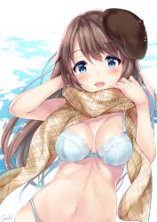 Rule 34 | 1girl, :d, artist name, bad id, bad pixiv id, beret, blue background, blue eyes, blue panties, blush, bra, breasts, brown hair, brown hat, brown scarf, cleavage, hands up, hat, lace, lace-trimmed bra, lace trim, long hair, looking at viewer, medium breasts, navel, open mouth, original, panties, plaid, plaid scarf, scarf, smile, solo, stomach, suihi, swept bangs, tareme, two-tone background, underwear, underwear only, upper body