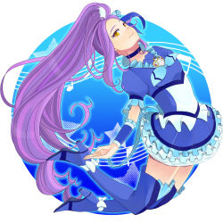 Rule 34 | 10s, 1girl, bad id, bad pixiv id, beamed quavers, blue footwear, blue skirt, boots, brooch, choker, cure beat, eyelashes, frilled skirt, frills, jewelry, kurokawa eren, long hair, magical girl, musical note, precure, purple hair, quaver, sasamaru chimaki, seiren (suite precure), side ponytail, skirt, smile, solo, suite precure, thigh boots, thighhighs, wrist cuffs, yellow eyes