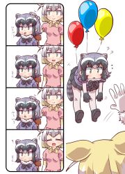 Rule 34 | +++, 2girls, 4koma, :d, ?, ??, animal ears, balloon, black hair, blonde hair, bodystocking, bow, bowtie, chair, chibi, closed eyes, closed mouth, comic, common raccoon (kemono friends), confused, extra ears, fennec (kemono friends), floating, flying sweatdrops, fox ears, fur collar, fur trim, grey hair, hair between eyes, hand on another&#039;s head, hanging, highres, kemono friends, laughing, layered sleeves, long sleeves, looking at another, medium hair, motion lines, multiple girls, one eye closed, open mouth, pink sweater, pleated skirt, raccoon ears, raccoon girl, raccoon tail, short-sleeved sweater, short over long sleeves, short sleeves, silent comic, skirt, smile, sweater, tail, tongue, tongue out, umikaze shuu, waving arm, yellow eyes