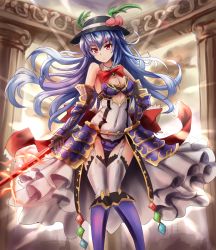 Rule 34 | 1girl, alternate costume, bare shoulders, blue hair, bow, breasts, cleavage, covered navel, food, fruit, garter straps, gauntlets, hat, hinanawi tenshi, long hair, looking at viewer, peach, red eyes, solo, sumapan, sword of hisou, thighhighs, touhou