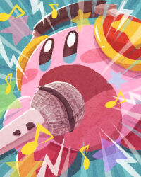 Rule 34 | blue eyes, blush stickers, commentary, copy ability, emphasis lines, headphones, highres, holding, holding microphone, kirby, kirby (series), miclot, microphone, mike kirby, music, musical note, nintendo, no humans, open mouth, pink footwear, shoes, singing