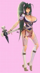 Rule 34 | 10s, 1girl, ahoge, akari acura, blue eyes, breasts, cleavage, cleavage cutout, clothing cutout, covered erect nipples, green hair, hitsugi no chaika, large breasts, long hair, long legs, looking at viewer, pink background, ponytail, signature, solo, standing, tiptoes, very long hair, wakino keibun, weapon