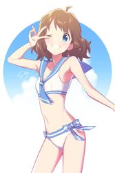Rule 34 | 1girl, ;d, agata (agatha), ahoge, bare arms, bare shoulders, bikini, blue eyes, blue sailor collar, blue sky, brown hair, cloud, commentary request, day, highres, idolmaster, idolmaster million live!, looking at viewer, navel, neckerchief, one eye closed, open mouth, sailor bikini, sailor collar, sailor swimsuit (idolmaster), short hair, sky, smile, solo, suou momoko, swimsuit, v, white bikini