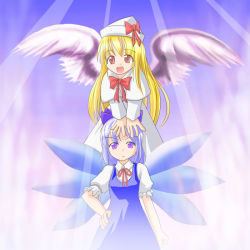 Rule 34 | 2girls, :d, angel wings, blonde hair, blue dress, blue eyes, blue hair, capelet, cirno, collared shirt, des (namaasi), dress, female focus, floating, frilled sleeves, frills, hand on another&#039;s head, hand on own hip, hat, light rays, lily white, long hair, long sleeves, looking at viewer, multiple girls, neck ribbon, open mouth, puffy short sleeves, puffy sleeves, red eyes, red ribbon, ribbon, shirt, short hair, short sleeves, smile, sunbeam, sunlight, touhou, white dress, white hat, white shirt, wings
