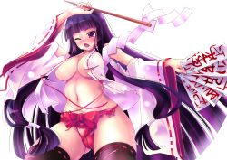 Rule 34 | 1girl, arm up, bad id, bad pixiv id, black hair, black thighhighs, blush, breasts, gohei, hair tubes, hakama, hakama skirt, highres, hime cut, holding, japanese clothes, large breasts, long hair, miko, navel, ofuda, one eye closed, open mouth, original, purple eyes, red hakama, simple background, skirt, solo, thighhighs, torn clothes, torn hakama, white background, wink, x.x