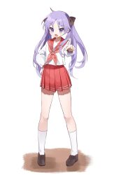 Rule 34 | 1girl, absurdres, angry, full body, hand on own hip, highres, hiiragi kagami, loafers, looking at viewer, lucky star, mingo0011, neckerchief, open mouth, pink neckerchief, pink skirt, pleated skirt, pointing, pointing at viewer, purple eyes, purple hair, ryouou school uniform, sailor collar, school uniform, serafuku, shoes, skirt, socks, twintails, white background, white socks, winter uniform