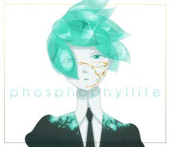 Rule 34 | 1other, androgynous, aqua eyes, aqua hair, black necktie, border, character name, commentary request, cracked skin, exhausted, floating hair, gem uniform (houseki no kuni), gold, hair over one eye, half-closed eyes, highres, houseki no kuni, looking at viewer, necktie, other focus, parted lips, phosphophyllite, portrait, short hair, simple background, solo, sparkle, translucent hair, white background, yagi hara
