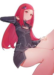 Rule 34 | 1girl, airplane hair ornament, bad id, bad pixiv id, black dress, cleavage cutout, clothing cutout, dress, eyebrows hidden by hair, flat chest, hand in own hair, highres, last origin, long hair, looking at viewer, neon.p, night angel (last origin), red eyes, red hair, simple background, solo, swept bangs, thighs, white background