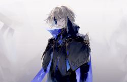 Rule 34 | 1boy, blonde hair, blue eyes, cape, closed mouth, dainsleif (genshin impact), genshin impact, grey background, hair between eyes, high collar, highres, jacket, lips, male focus, mask, mask over one eye, simple background, solo, umenoume, upper body