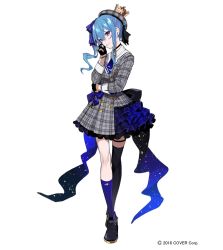 Rule 34 | 1girl, asymmetrical hair, asymmetrical legwear, belt, beret, black bow, black footwear, black gloves, black socks, blue belt, blue bow, blue hair, blue nails, blue necktie, blue ribbon, blue skirt, blue socks, bow, bracelet, buttons, coattails, commentary, crown, double-breasted, earrings, fingerless gloves, flat chest, frilled skirt, frills, full body, gloves, grey hat, grey jacket, grey skirt, hair between eyes, hair ribbon, hat, highres, hololive, hoshimachi suisei, hoshimachi suisei (1st costume), jacket, jewelry, kneehighs, lam (ramdayo), large bow, layered skirt, light blue hair, looking at viewer, medium hair, mini crown, miniskirt, mismatched legwear, nail polish, necktie, official art, parted lips, plaid, plaid headwear, plaid jacket, plaid skirt, purple eyes, ribbon, shoes, short necktie, side ponytail, simple background, single kneehigh, single sock, single thighhigh, skirt, smile, socks, solo, standing, star (symbol), star in eye, symbol in eye, thigh strap, thighhighs, two-tone skirt, virtual youtuber, watermark, white background