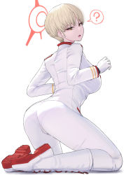 Rule 34 | 1girl, ass, blonde hair, blue archive, blush, breasts, gloves, halo, kneeling, large breasts, long sleeves, looking at viewer, looking back, marina (blue archive), miyamoto issa, open mouth, short hair, simple background, solo, white background, yellow eyes