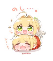 Rule 34 | 2girls, :d, = =, blonde hair, blush, bow, braid, bun cover, chibi, closed eyes, dress, fate/extra, fate/extra ccc, fate (series), flower, girl on top, gloves, green eyes, hair bun, hair intakes, heart, heart in mouth, lying, multiple girls, nero claudius (bride) (fate), nero claudius (fate), nero claudius (fate) (all), nero claudius (fate/extra), on stomach, open mouth, red bow, red dress, shadow, sidelocks, single hair bun, smile, sparkle, tears, translation request, twitter username, wavy mouth, white background, white flower, white gloves, yayoi maka