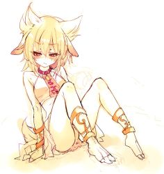 Rule 34 | 1girl, animal ears, blonde hair, blush, bracelet, cis (carcharias), collar, ear tag, goat ears, goat girl, goat tail, hooves, jewelry, long hair, one eye closed, sitting, solo, sweat, tail, touhou, toyosatomimi no miko, wink