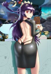 3girls absurdres annie_(skullgirls) ass ass_focus back backless_dress backless_outfit bare_back black_dress black_panties blurry blurry_background breasts butt_crack closed_mouth dress eating expressionless eyebrows eyelashes feet_out_of_frame female_focus filia_(skullgirls) from_behind hands_up highres huge_ass lips living_hair long_hair long_sleeves looking_at_viewer looking_back medium_breasts multiple_girls outdoors panties pantyshot peacock_(skullgirls) purple_hair red_eyes samson_(skullgirls) sketch skullgirls solo_focus standing tillshitposting underwear