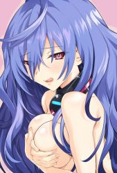 Rule 34 | 1girl, blue hair, breasts, covering breasts, covering privates, detached collar, iris heart, iwashi dorobou -r-, kami jigen game neptune v, large breasts, licking lips, long hair, looking at viewer, neptune (series), power symbol-shaped pupils, red eyes, smile, solo, symbol-shaped pupils, tongue, tongue out, very long hair