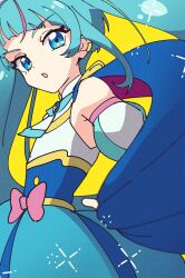 Rule 34 | 1girl, absurdres, blue cape, blue eyes, blue hair, cape, cure sky, highres, hirogaru sky! precure, long hair, looking at viewer, magical girl, nzeneee, open mouth, precure, solo, sora harewataru, yellow background