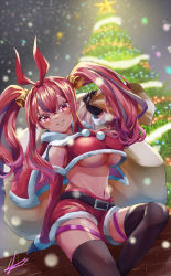 Rule 34 | 1girl, arm support, arm up, azur lane, bare shoulders, bell, belt, black belt, black gloves, black thighhighs, blurry, blush, breasts, bremerton (azur lane), brick wall, capelet, carrying over shoulder, check commentary, christmas, christmas tree, commentary request, cowboy shot, crop top, crop top overhang, crossed bangs, depth of field, detached sleeves, ear piercing, fur-trimmed capelet, fur-trimmed shirt, fur-trimmed shorts, fur-trimmed sleeves, fur trim, gloves, grey hair, groin, hair bell, hair between eyes, hair ornament, hair ribbon, head tilt, highres, holding, holding sack, large breasts, long hair, looking at viewer, mole, mole under eye, multicolored hair, navel, night, parted lips, piercing, pink eyes, pink hair, pink ribbon, red capelet, red shirt, red shorts, red sleeves, ribbon, sack, shirt, short shorts, shorts, sidelocks, signature, sitting, sleeveless, sleeveless shirt, smile, snowing, solo, stomach, streaked hair, thigh strap, thighhighs, twintails, two-tone hair, underboob, yam (yam6056)