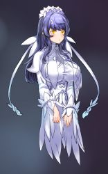 Rule 34 | 1girl, absurdres, artpatient, blue hair, blush, breasts, dress, highres, huge breasts, impossible clothes, impossible dress, last origin, long hair, looking at viewer, snow feather (last origin), solo, white dress, yellow eyes