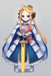 Rule 34 | 1girl, abigail williams (fate), armor, armored dress, artoria pendragon (all), artoria pendragon (fate), blonde hair, blue dress, blue eyes, blue ribbon, blush, breastplate, breasts, cosplay, crown, dress, excalibur (fate/stay night), fate/grand order, fate/stay night, fate (series), faulds, forehead, gauntlets, hair ribbon, highres, long hair, long sleeves, looking at viewer, miya (miyaruta), parted bangs, ribbon, saber (fate), saber (fate) (cosplay), small breasts, smile, stuffed animal, stuffed toy, sword, teddy bear, weapon