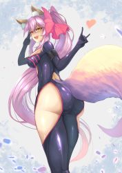 Rule 34 | 1girl, \m/, animal ears, ass, bow, breasts, clothing cutout, commentary request, curvy, fate/grand order, fate (series), fox ears, fox shadow puppet, fox tail, glasses, hair bow, highres, huge ass, koyanskaya (assassin) (first ascension) (fate), koyanskaya (fate), large breasts, large tail, long hair, looking at viewer, looking back, ohako (ohako1818), pink hair, ponytail, rectangular eyewear, solo, tail, tamamo (fate), thick thighs, thigh cutout, thighs, very long hair, wide hips, yellow eyes