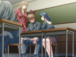 Rule 34 | 1boy, 2girls, blue hair, book, breasts, brown hair, casual, caught, censored, chair, chalkboard, classroom, cleavage, clothed sex, collarbone, cum, cum on clothes, desk, ejaculation, faceless, faceless male, game cg, handjob, hetero, holding, indoors, long sleeves, mosaic censoring, multiple girls, penis, pleated skirt, public indecency, public indecency, sailor collar, school, school chair, school desk, school uniform, sex, skirt, socks, source request, teacher, teacher and student, testicles, under table, white legwear