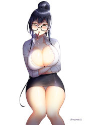 Rule 34 | 1girl, bad id, bad pixiv id, black-framed eyewear, black hair, black skirt, blush, breasts, cleavage, collarbone, collared shirt, crossed arms, hair between eyes, high ponytail, highres, idolmaster, idolmaster shiny colors, knees together feet apart, large breasts, legs together, looking at viewer, melo (meromero), miniskirt, no bra, open clothes, open mouth, open shirt, panties, pencil skirt, ponytail, shirase sakuya, shirt, simple background, skirt, sleeves past elbows, solo, teeth, thighs, twitter username, underwear, white background, white panties, white shirt, yellow eyes