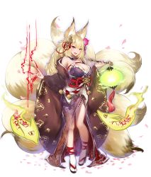 Rule 34 | 1girl, animal ears, bare shoulders, blonde hair, breasts, cleavage, detached collar, feet, fingernails, fox ears, fox girl, fox tail, full body, japanese clothes, kayou (sennen sensou aigis), kimono, kitsune, kyuubi, large breasts, legs, long fingernails, long hair, looking at viewer, magic, multiple tails, nail polish, obi, open mouth, petals, pink eyes, sandals, sash, sennen sensou aigis, socks, solo, standing, tail, thighs, transparent background, white background, white socks, wide sleeves