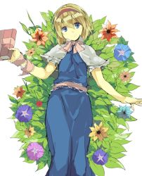 Rule 34 | 1girl, alice margatroid, bad id, bad pixiv id, blonde hair, blue dress, blue eyes, book, bow, bowtie, capelet, dress, flower, grass, grimoire, grimoire of alice, hair between eyes, hairband, hasebe yuusaku, holding, morning glory, ribbon, short hair, short sleeves, solo, touhou, wrist ribbon